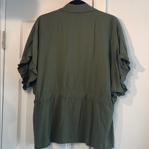 Green Button Up Blouse with waist cinch tie - Picture 6 of 9